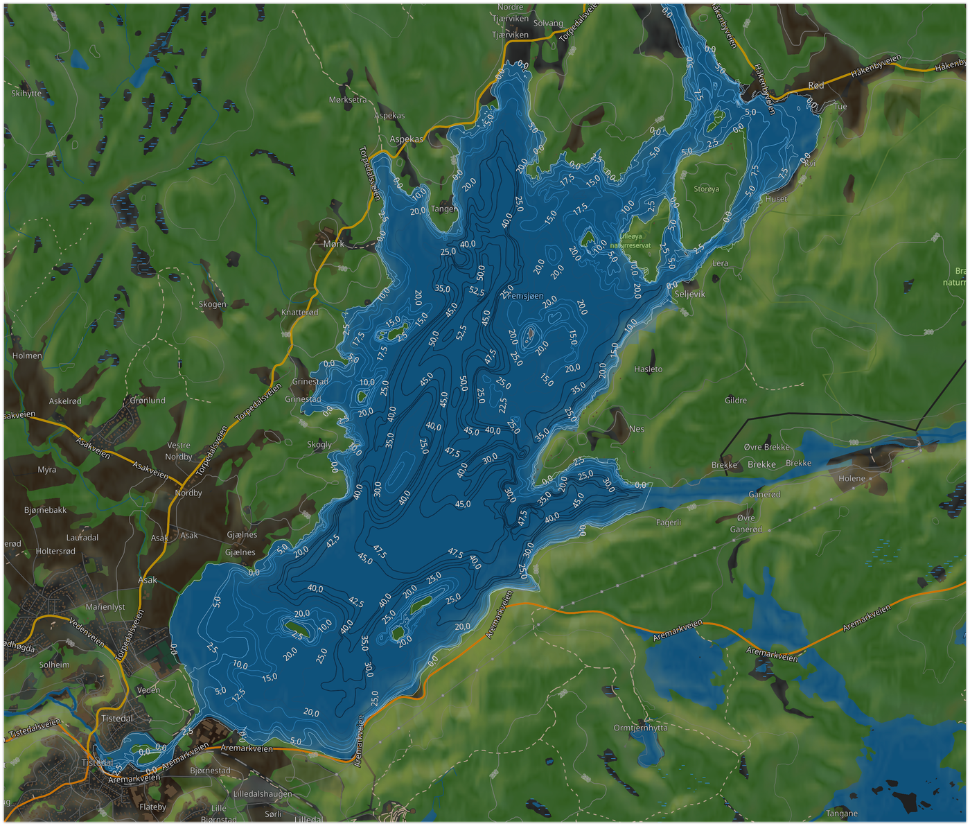 Depth curves for the lakes of the Halden river system